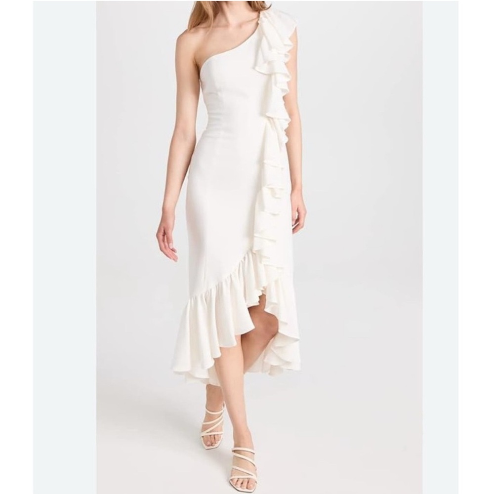 Cinq à Sept One Shoulder Ruffle  Dress Drapey V Neck Ivory Size 2